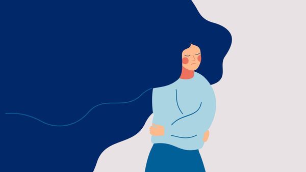 A sad woman with flowing hair runs away from the problems in her life. The depressed teenager withdrew into himself, hugging his elbows. Colorful vector illustration in flat cartoon style